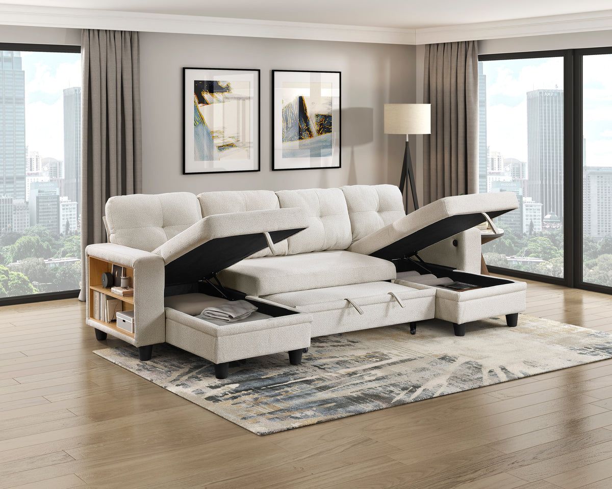 Robinson Beige Sectional with Two Chaises, Pull-out Bed, Shelves and Charging Ports from Homelegance - Luna Furniture