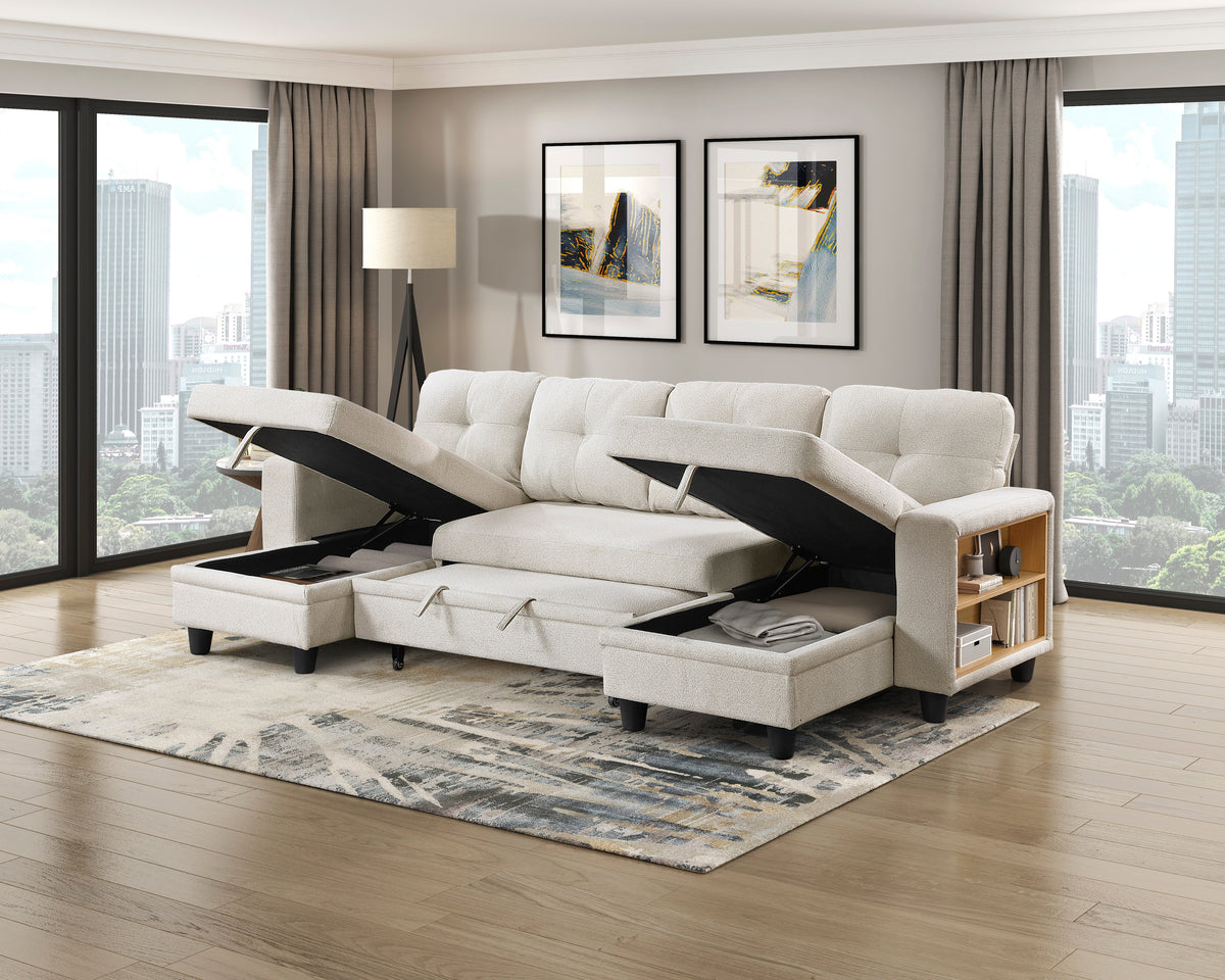 Robinson Beige Sectional with Two Chaises, Pull-out Bed, Shelves and Charging Ports from Homelegance - Luna Furniture
