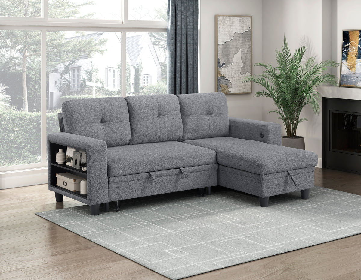 Robinson Gray Sectional with Reversible Chaise, Pull-out Bed, Shelves and Charging Ports from Homelegance - Luna Furniture