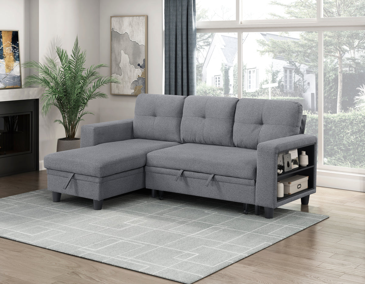 Robinson Gray Sectional with Reversible Chaise, Pull-out Bed, Shelves and Charging Ports from Homelegance - Luna Furniture