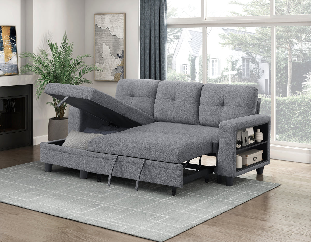 Robinson Gray Sectional with Reversible Chaise, Pull-out Bed, Shelves and Charging Ports from Homelegance - Luna Furniture
