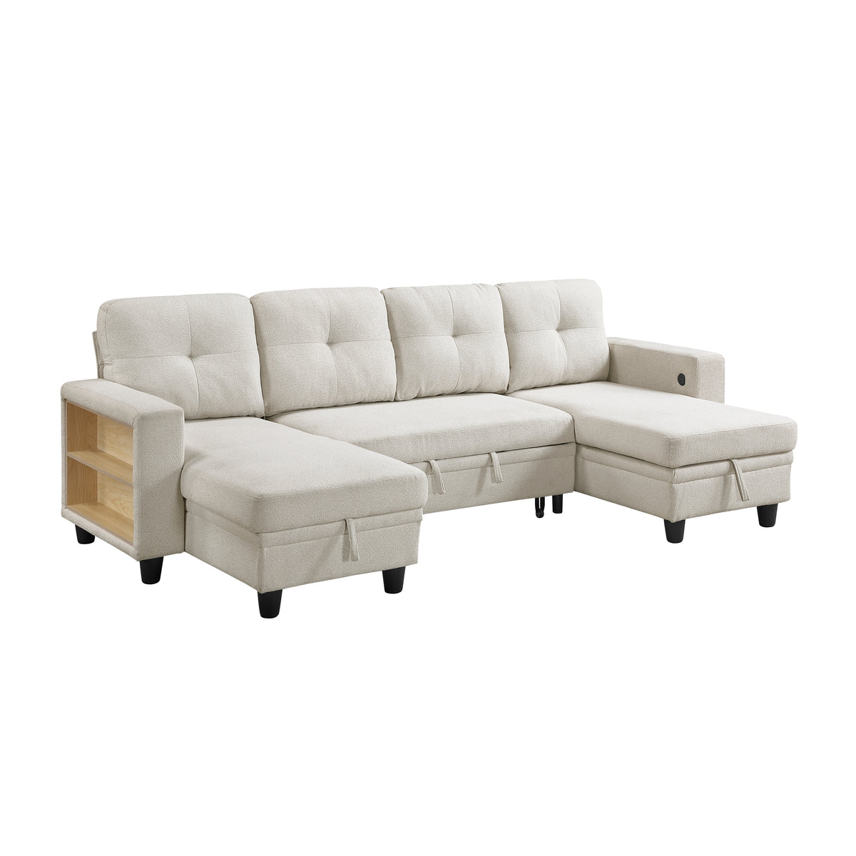 Robinson Beige Sectional with Two Chaises, Pull-out Bed, Shelves and Charging Ports from Homelegance - Luna Furniture