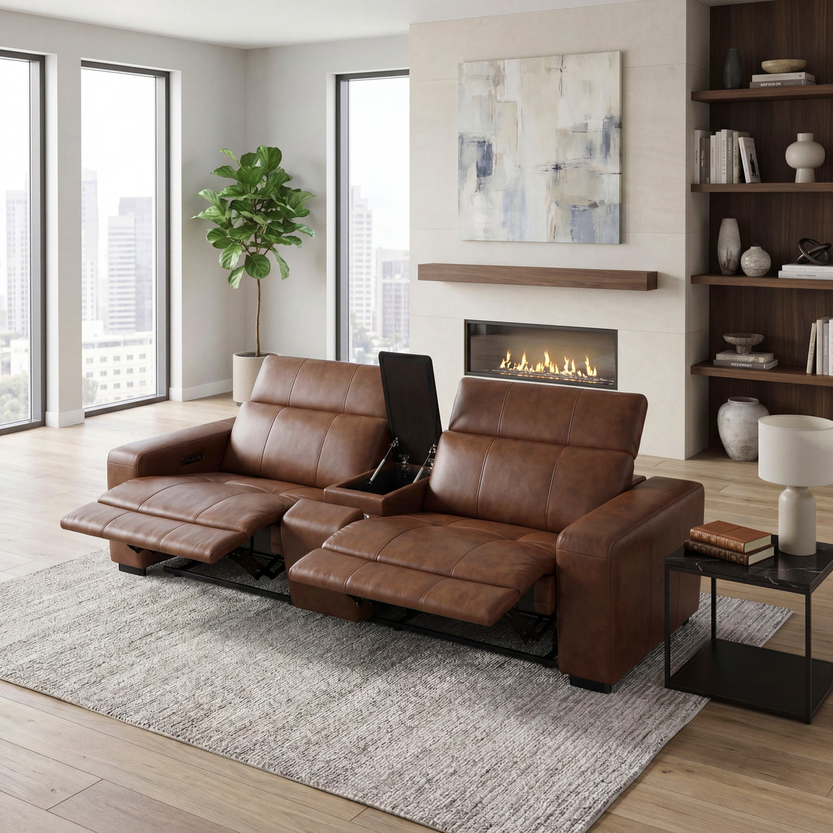 Sutton Brown Leather Power Double Reclining Loveseat with Center Console from Homelegance - Luna Furniture