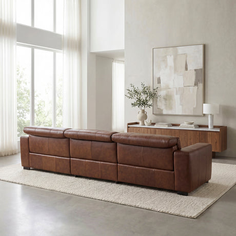 Sutton Brown Leather Power Double Reclining Sofa with Power Headrests and Charging Ports from Homelegance - Luna Furniture