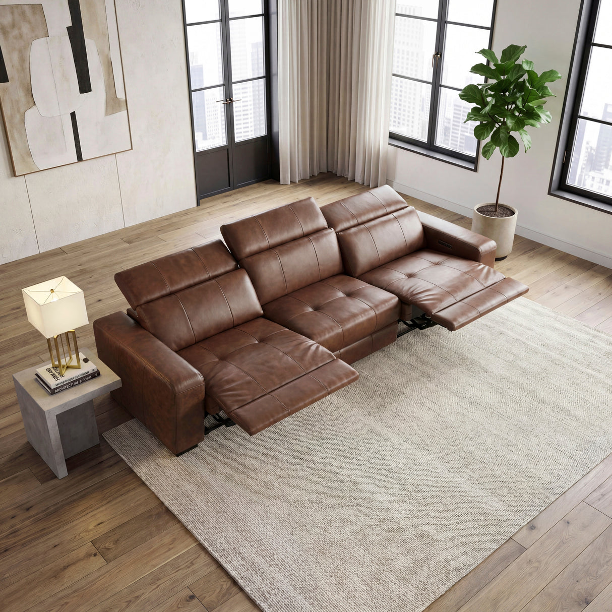 Sutton Brown Leather Power Double Reclining Sofa with Power Headrests and Charging Ports from Homelegance - Luna Furniture