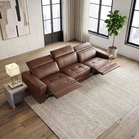 Sutton Brown Leather Power Double Reclining Sofa with Power Headrests and Charging Ports from Homelegance - Luna Furniture