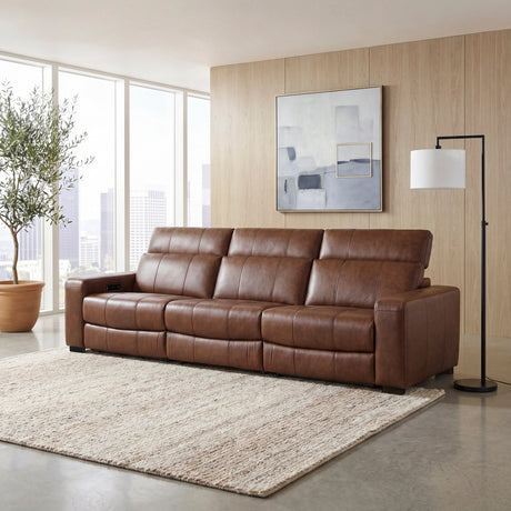 Sutton Brown Leather Power Double Reclining Sofa with Power Headrests and Charging Ports from Homelegance - Luna Furniture