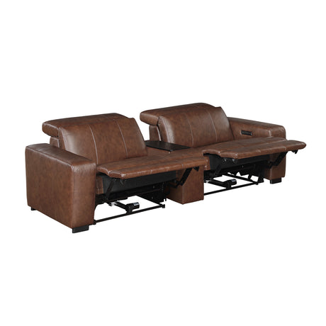 Sutton Brown Leather Power Double Reclining Loveseat with Center Console from Homelegance - Luna Furniture