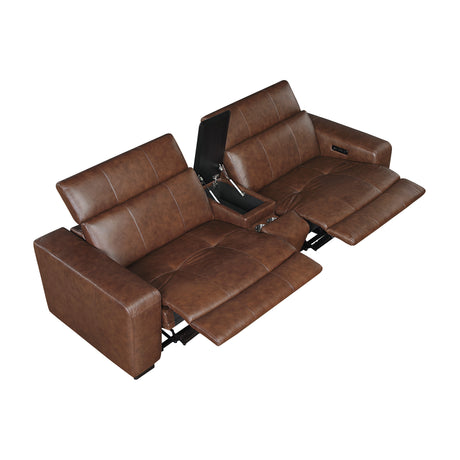 Sutton Brown Leather Power Double Reclining Loveseat with Center Console from Homelegance - Luna Furniture