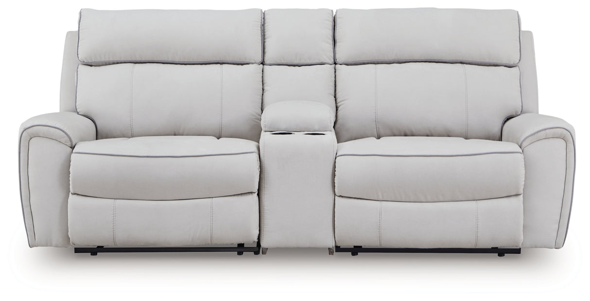 Social Pointe Pearl/Ash 3-Piece Power Reclining Loveseat with Console from Ashley Furniture - Luna Furniture