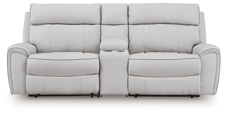 Social Pointe Pearl/Ash 3-Piece Power Reclining Loveseat with Console from Ashley Furniture - Luna Furniture