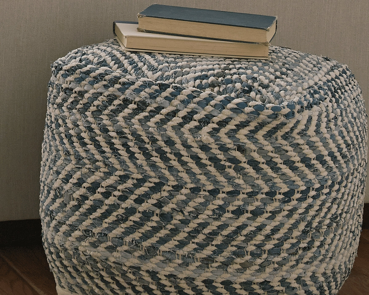Chevron Blue Pouf from Ashley - Luna Furniture
