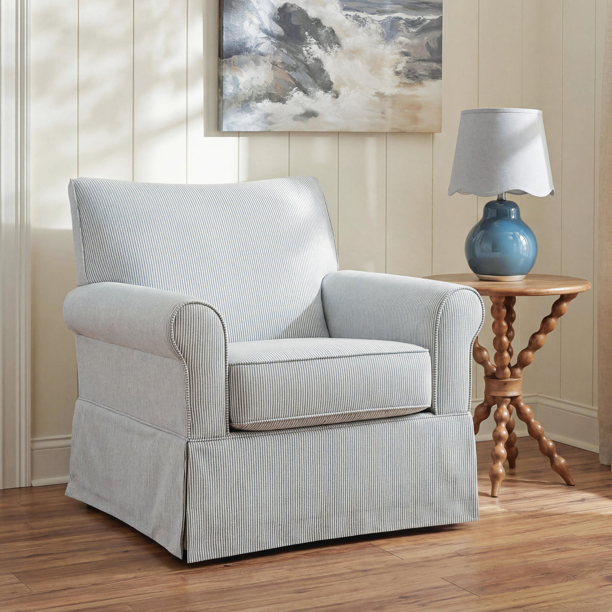 Searcy White/Navy Swivel Glider Accent Chair from Ashley - Luna Furniture