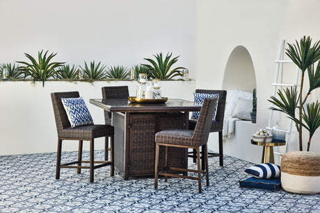 Paradise Trail Medium Brown Outdoor Counter Height Dining Table with 4 Barstools from Ashley Furniture - Luna Furniture
