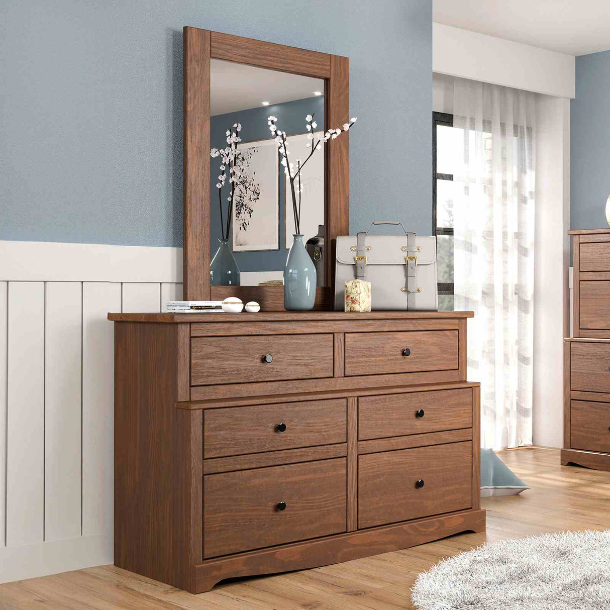 Creswell Mahogany dresser, six drawers and round knobs, front view