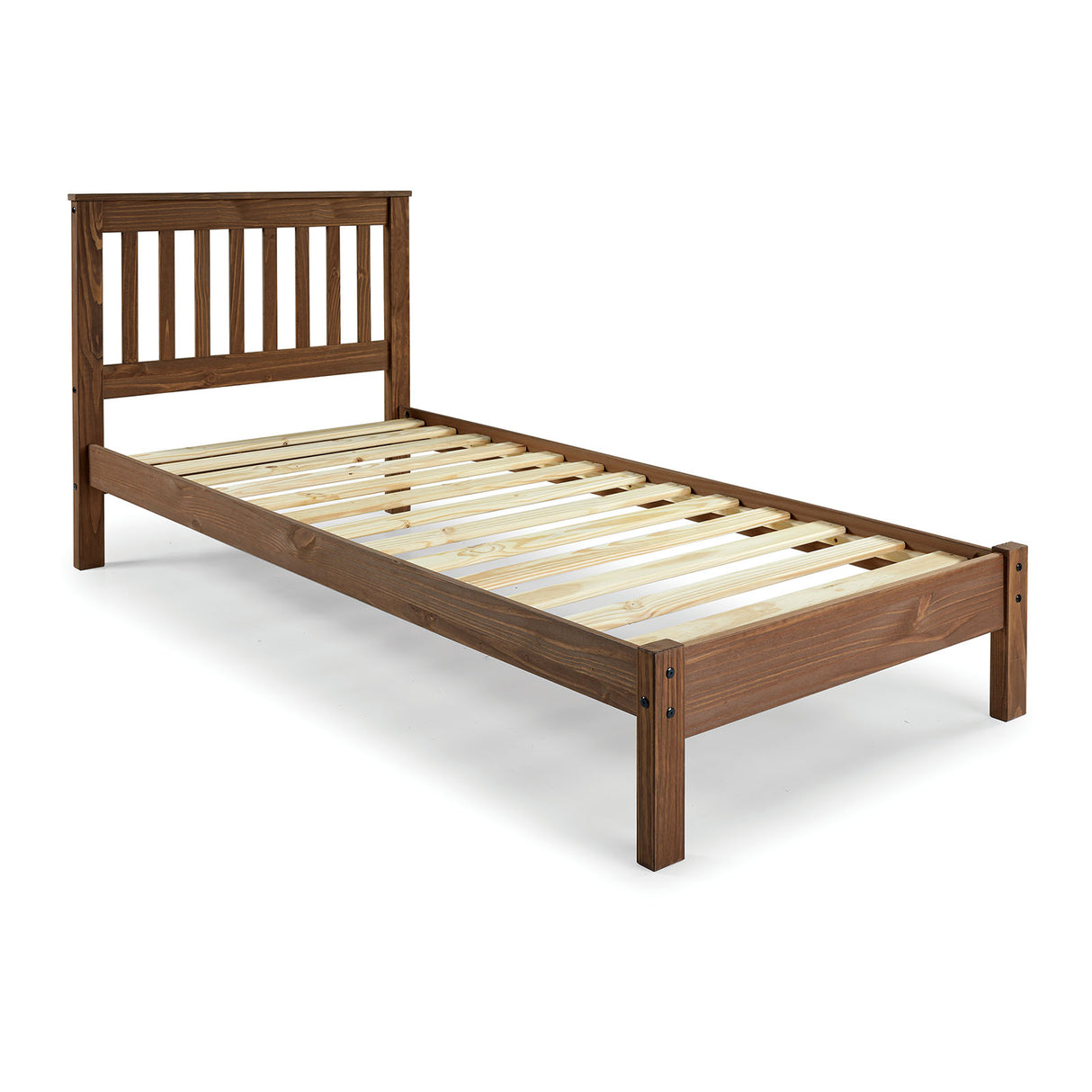 Creswell Mahogany twin bed, slatted headboard and wood frame, front three-quarter view