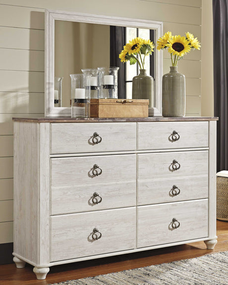 Willowton King Sleigh Bed with Mirrored Dresser and Chest in Whitewash from Ashley Furniture - Luna Furniture