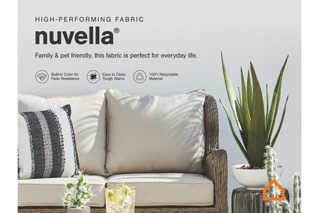 Visola Gray Outdoor Loveseat, 2 Lounge Chairs and Coffee Table from Ashley - Luna Furniture