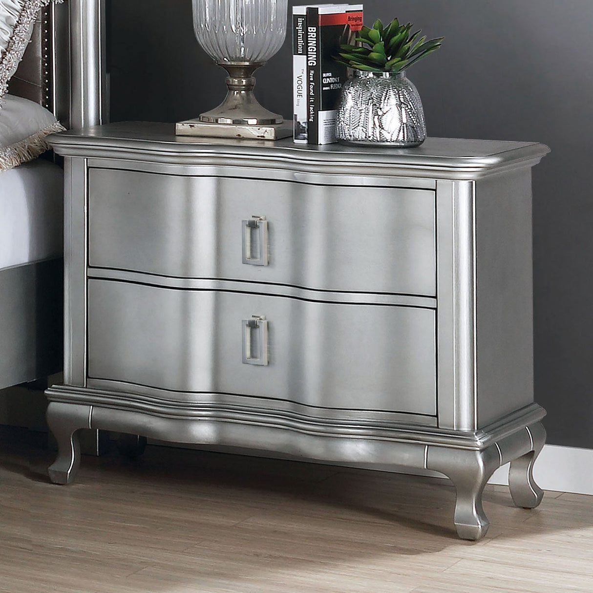 silver dresser and night stand Silver Color Bed Dresser Mirror Nightstand 4pc Set Faux Leather Upholstered HB Bedroom Furniture - Bed Bath & Beyond