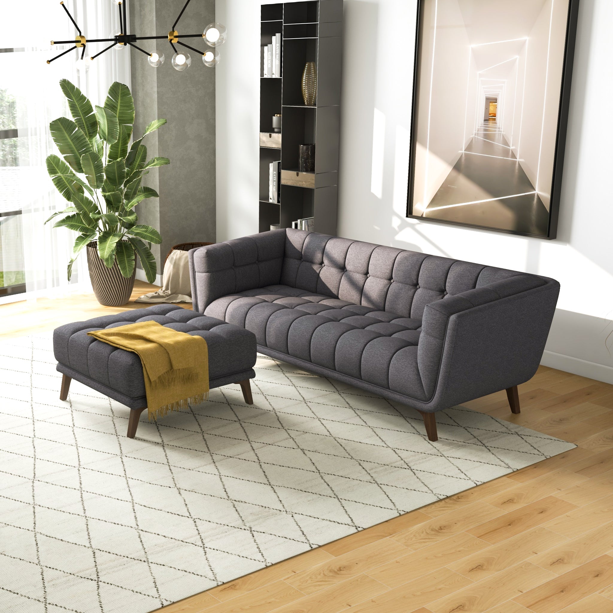 Ashcroft Furniture Kano Dark Gray Linen Square Upholstered Ottoman