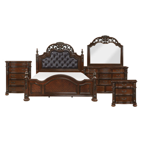 Adelina Cherry 5-Piece Poster Bedroom Set (Queen Bed, Nightstand, Dresser, Mirror, Chest) from Homelegance - Luna Furniture
