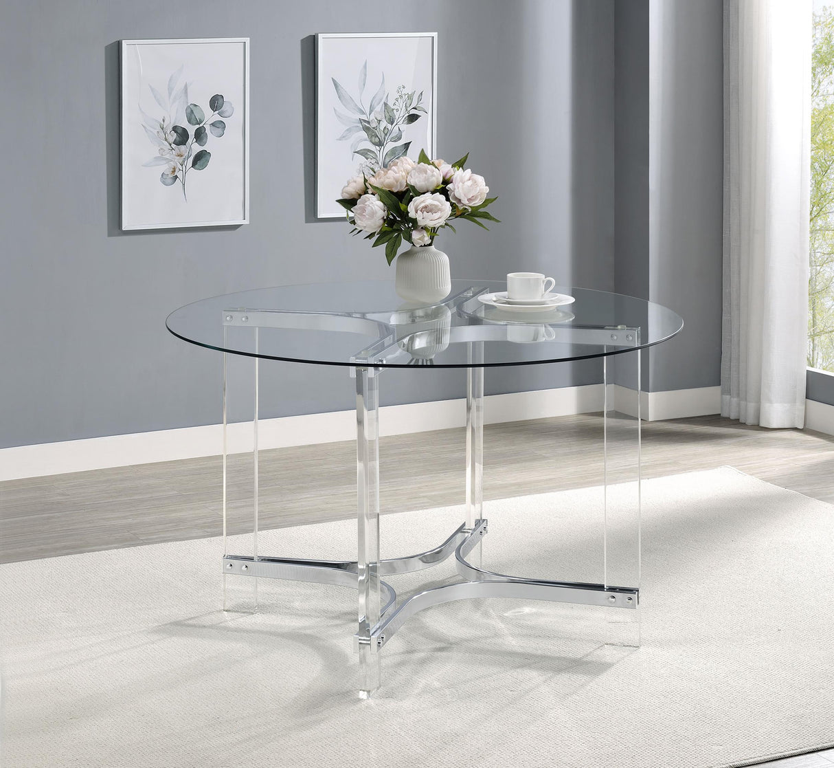 Adino Chrome 47-inch Round Glass Top Acrylic Dining Table from Coaster - Luna Furniture