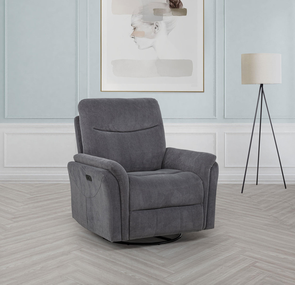 Adler Charcoal Gray Upholstered Power Swivel Glider Recliner from Coaster - Luna Furniture