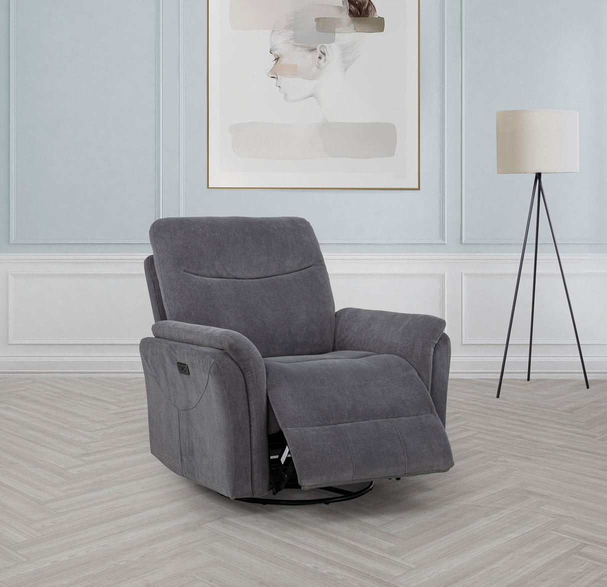 Adler Charcoal Gray Upholstered Power Swivel Glider Recliner from Coaster - Luna Furniture