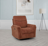 Adler Rust Upholstered Power Swivel Glider Recliner from Coaster - Luna Furniture