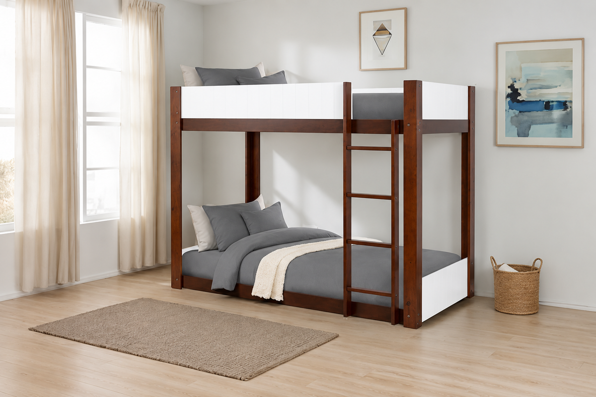 Terri White/Dark Cherry Twin-over-Twin Bunk Bed with Mattresses
