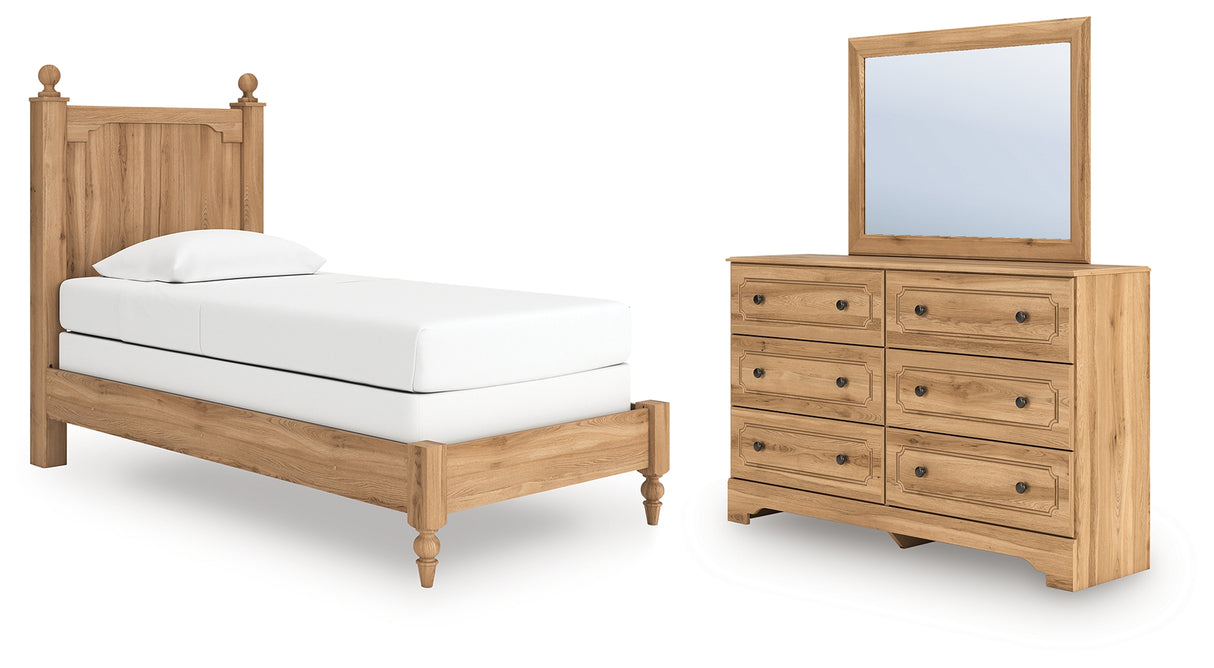 Aleaport Twin Panel Bed with Mirrored Dresser in Warm Brown from Ashley Furniture - Luna Furniture