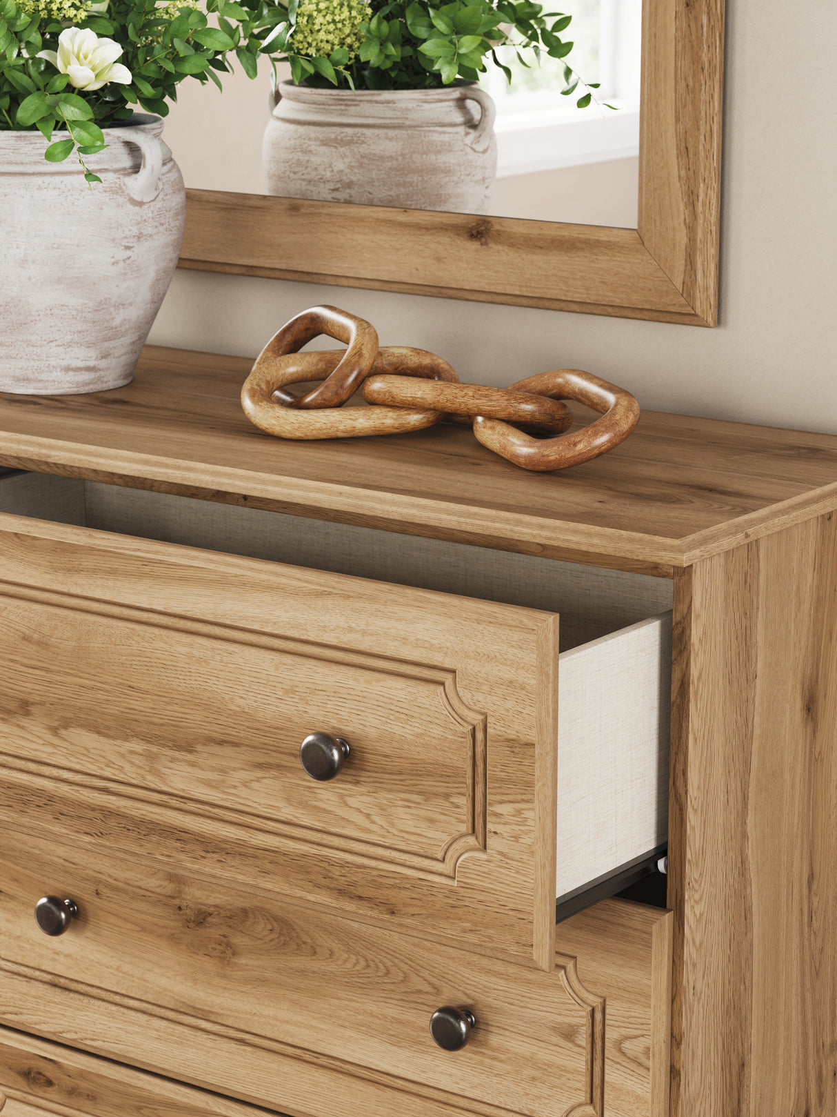 Aleaport Warm Brown King Panel Bed, Dresser, Mirror and Nightstand from Ashley - Luna Furniture
