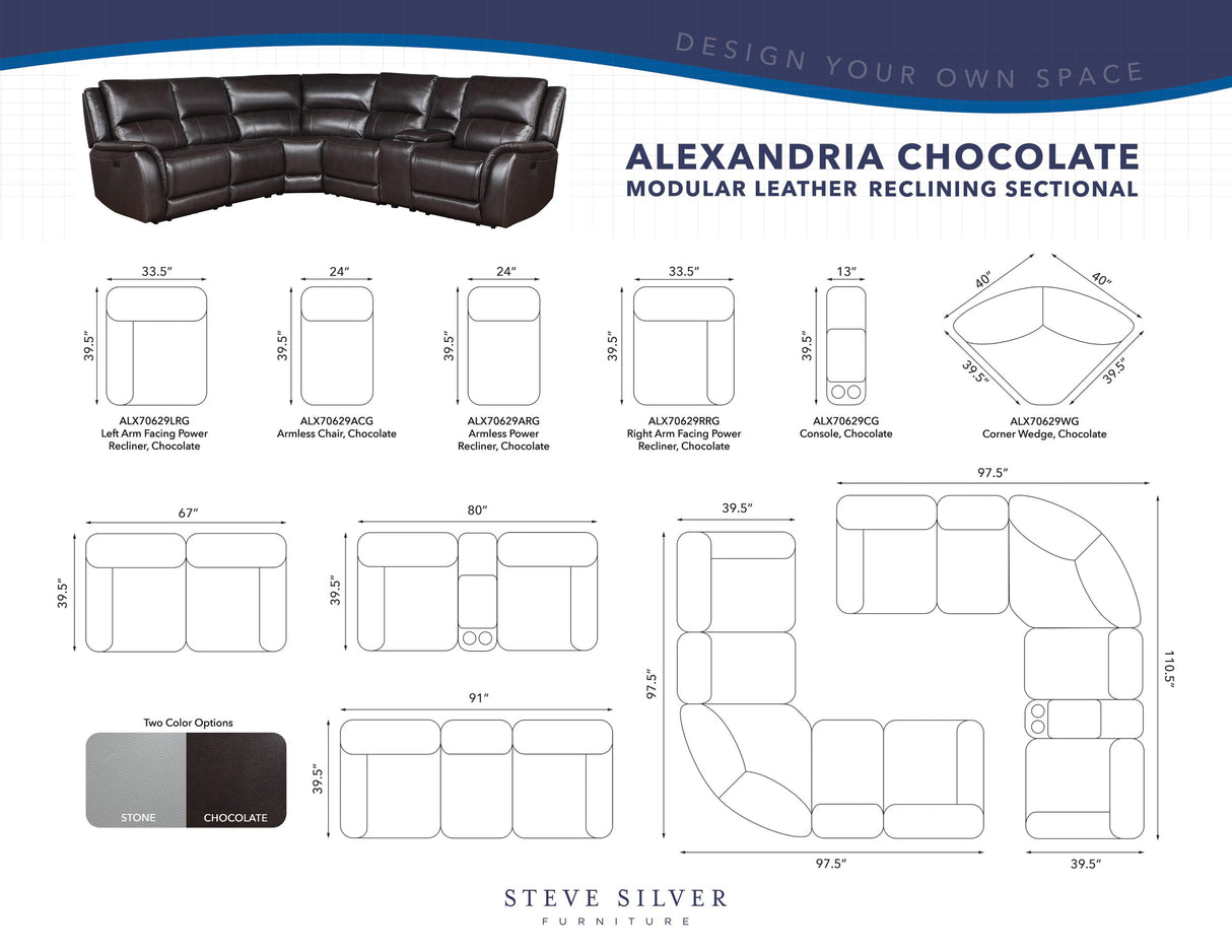 Alexandria Chocolate Top-Grain Leather 6-Piece Power Reclining Set from Steve Silver - Luna Furniture