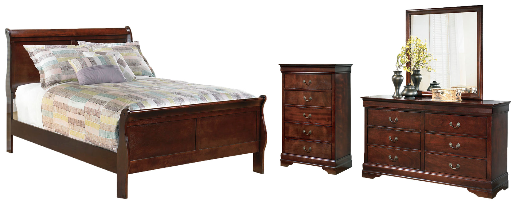 Alisdair Full Sleigh Bed with Mirrored Dresser and Chest in Reddish Brown from Ashley - Luna Furniture
