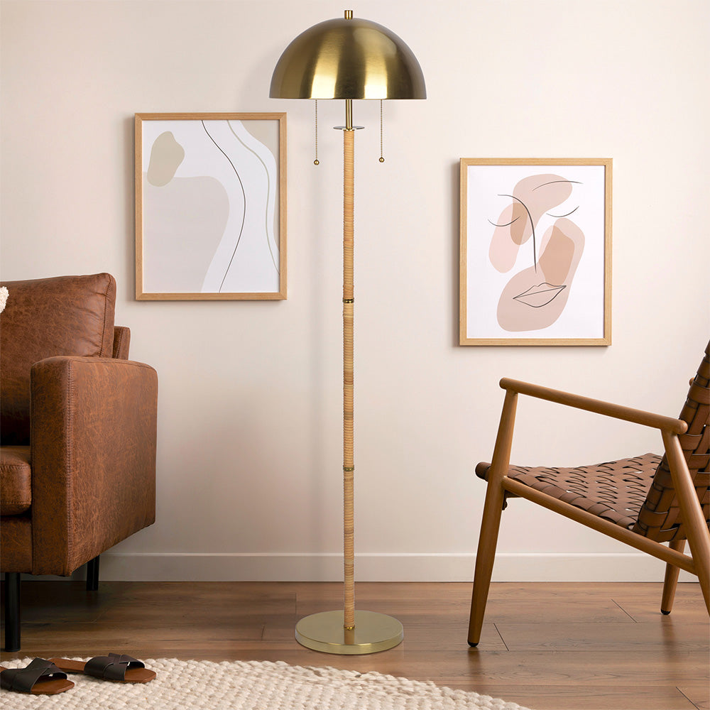 Allure 2-Light Floor Lamp, Gold Brass, Natural Rattan Tube , Double On/Off Pull Chain from Midinmod - Luna Furniture