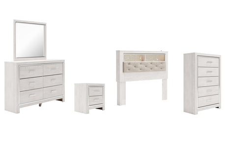 Altyra Queen Bookcase Headboard Bed with Mirrored Dresser, Chest and Nightstand in White from Ashley - Luna Furniture