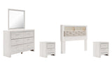 Altyra Queen Bookcase Headboard Bed with Mirrored Dresser and 2 Nightstands in White from Ashley - Luna Furniture