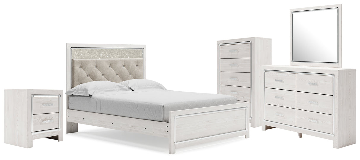 Altyra Queen Panel Bed with Mirrored Dresser, Chest and Nightstand in White from Ashley - Luna Furniture
