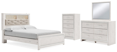 Altyra Queen Panel Bookcase Bed with Mirrored Dresser and Chest in White from Ashley - Luna Furniture