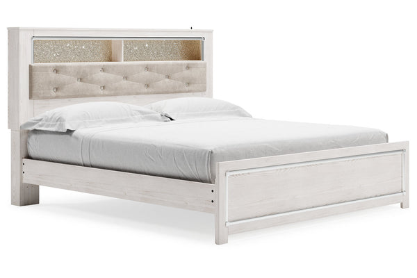 Altyra White King Upholstered LED Bookcase Platform Bed
