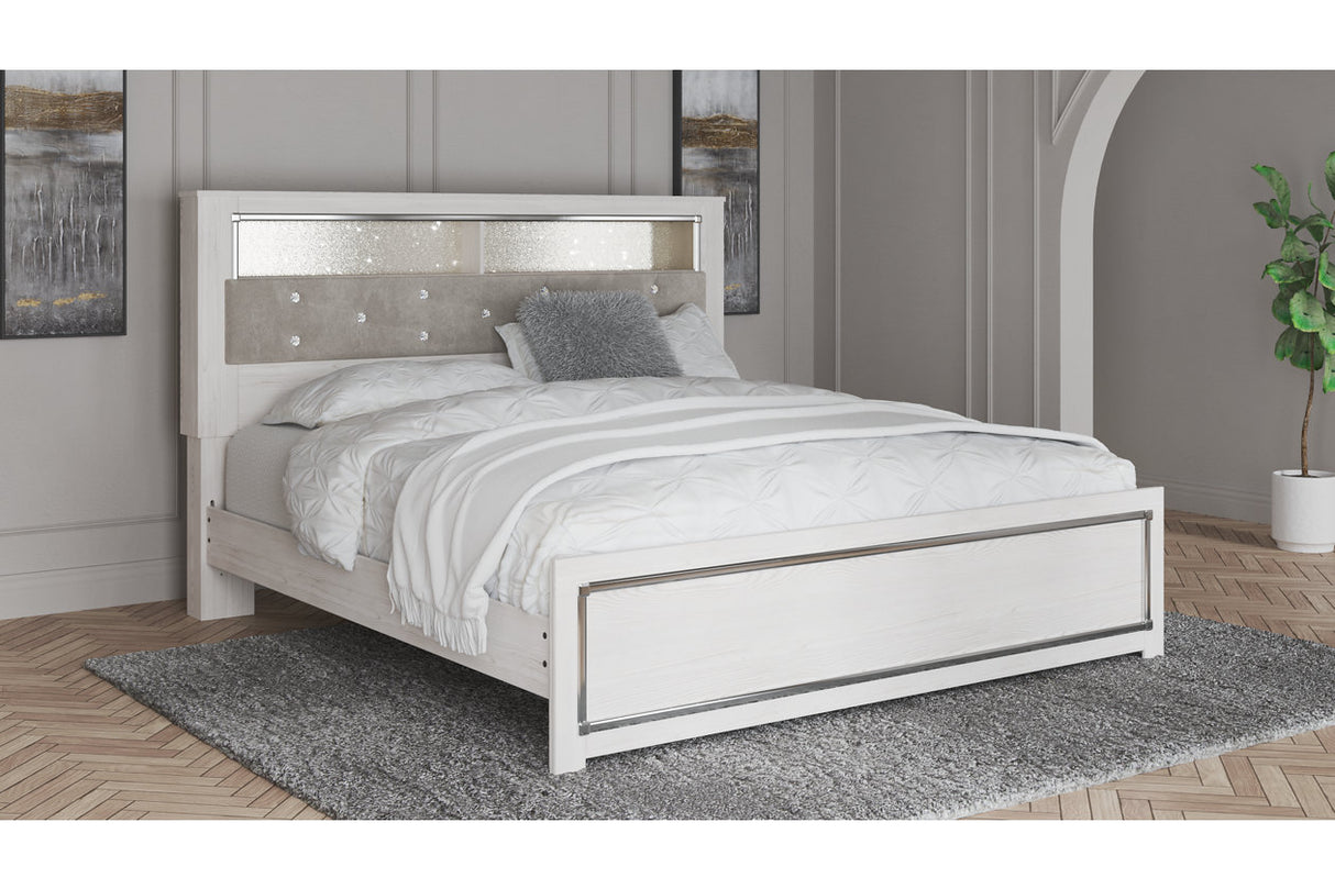 Altyra White King Upholstered LED Bookcase Platform Bed from Ashley - Luna Furniture