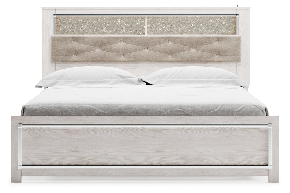 Altyra White King Upholstered LED Bookcase Platform Bed from Ashley - Luna Furniture