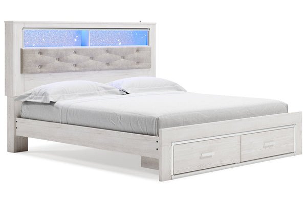 Altyra White King Upholstered LED Bookcase Storage Panel Bed