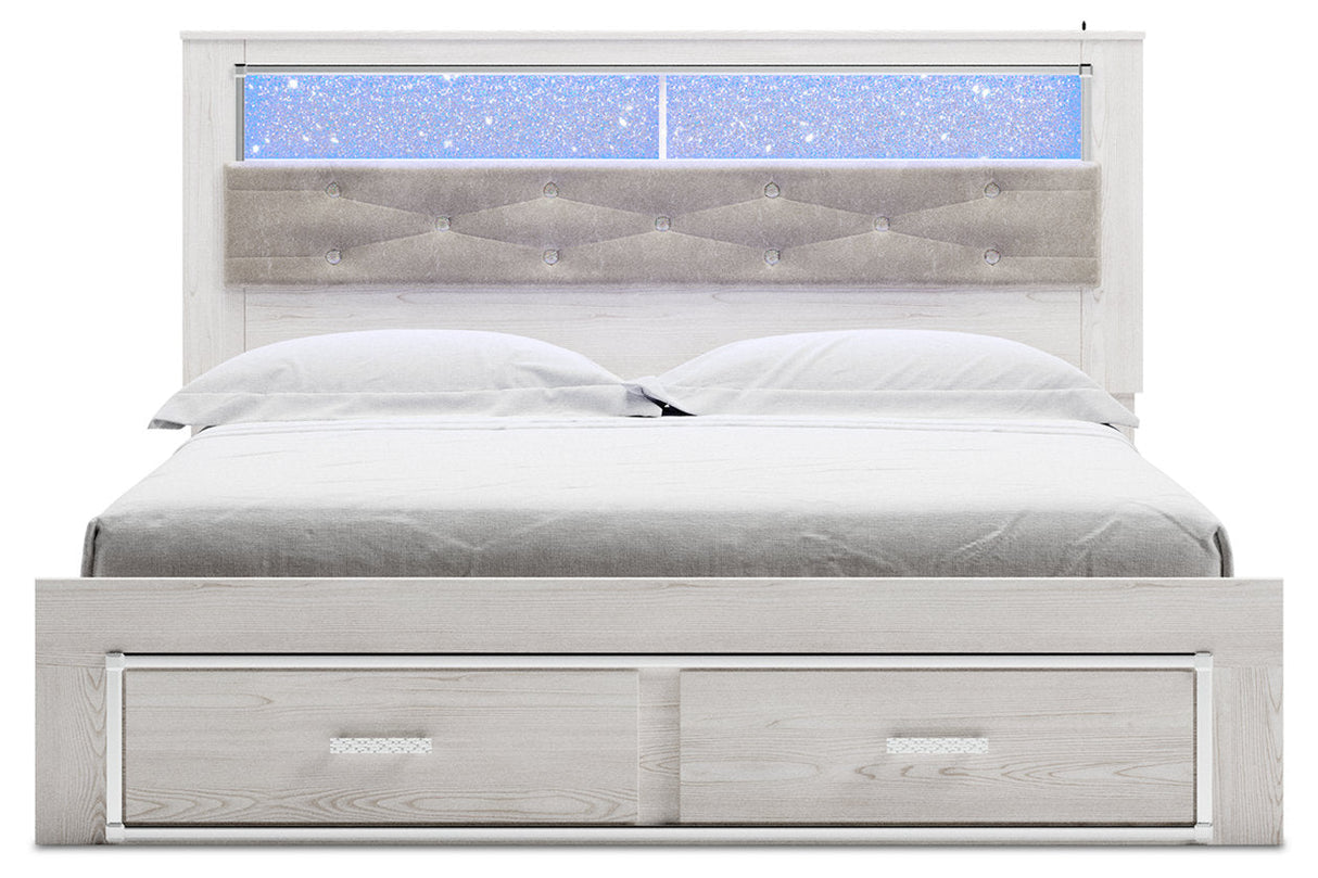 Altyra White King Upholstered LED Bookcase Storage Panel Bed from Ashley - Luna Furniture