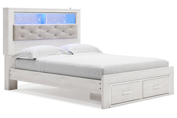 Altyra White Queen Upholstered LED Bookcase Storage Panel Bed