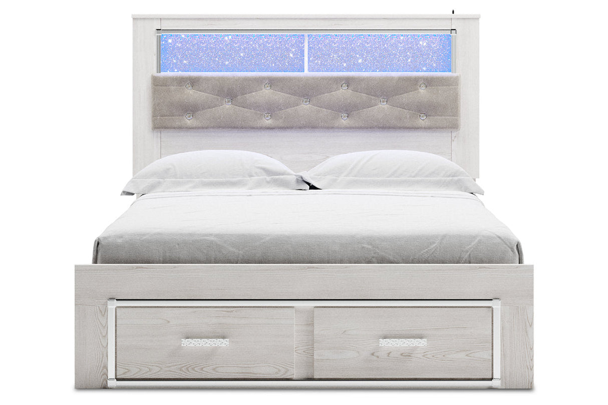 Altyra White Queen Upholstered LED Bookcase Storage Panel Bed from Ashley - Luna Furniture
