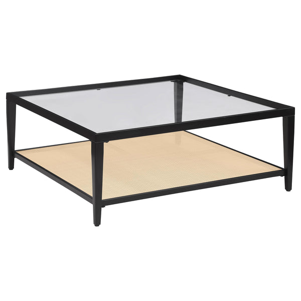 Amherst Black Glass Top Metal Coffee Table with Cane Shelf