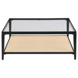Amherst Black Glass Top Metal Coffee Table with Cane Shelf from Coaster - Luna Furniture