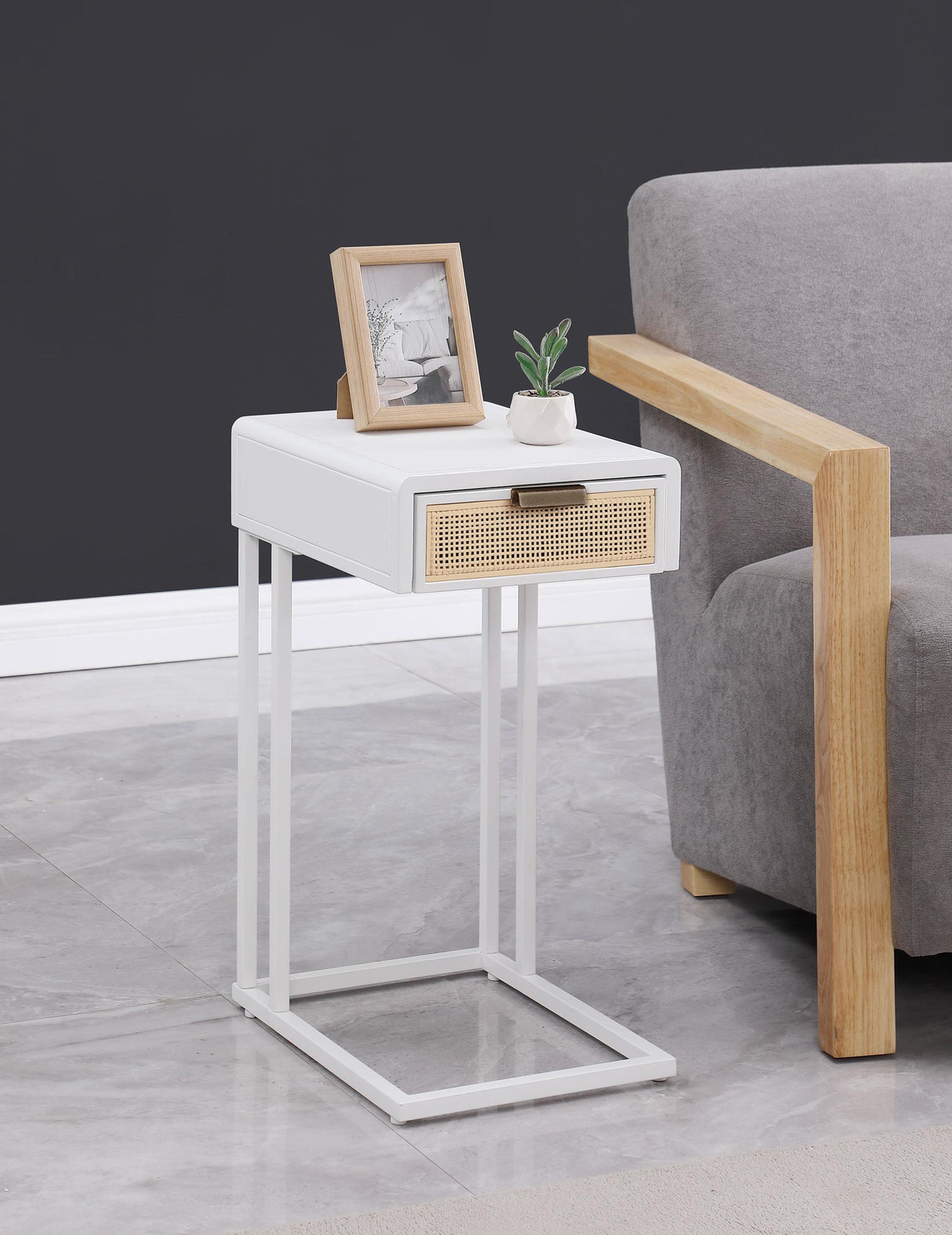 Amherst White 1-Drawer Radio Weave Cane Metal Side Table from Coaster - Luna Furniture