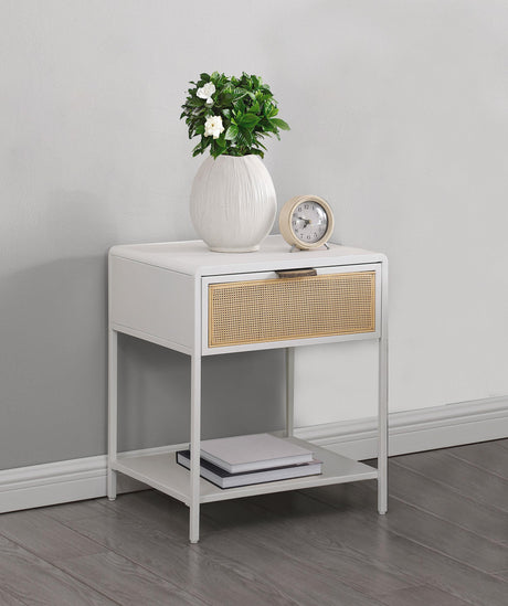 Amherst White 1-Drawer Radio Weave Rattan Metal Side Table from Coaster - Luna Furniture
